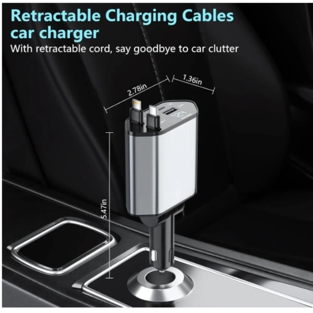 120W Retractable Car Charger USB-C Lightning Fast Charging Cable